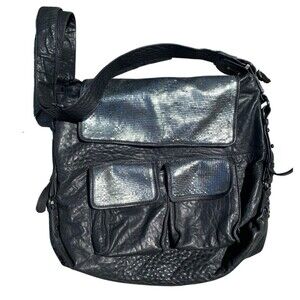Badgley Mischka Black Leather Hobo Messenger Large Sequin Shoulder Bag Purse